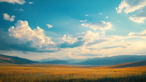 Sunlit alpine meadow stretches toward distant blue mountains