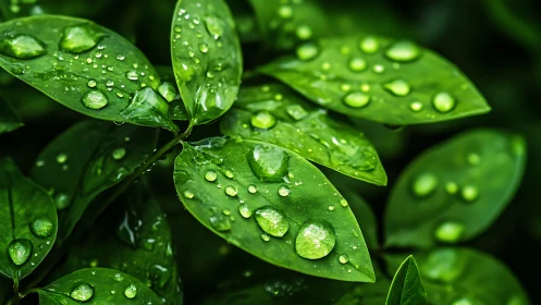 Rain-kissed emerald leaves with glittering morning droplets.