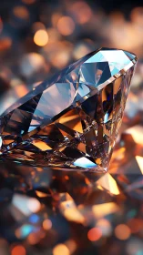Photoreal diamond close-up with warm bokeh reflections.