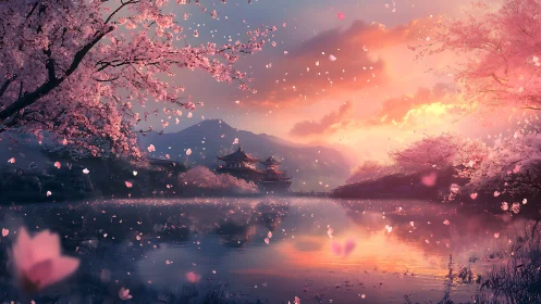 Cherry blossom lake reflects distant pagoda at vivid sunset