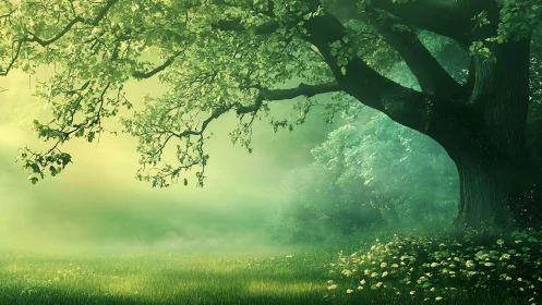 Misty sunlit forest clearing with mature oak tree foreground