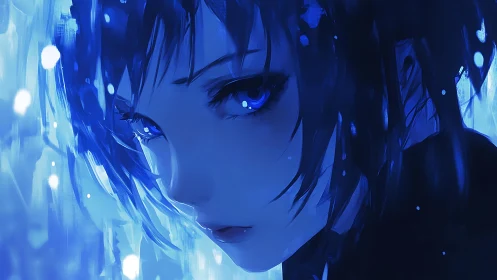 Melancholic blue anime portrait with luminous eyes.