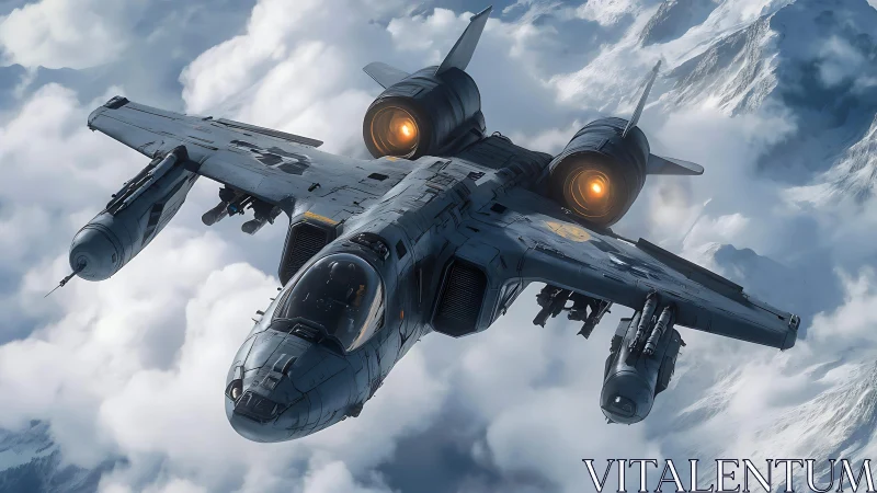 Futuristic attack gunship cuts through frozen mountain clouds.