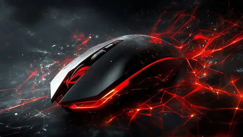 Gaming mouse with red LED accents on dark abstract surface.