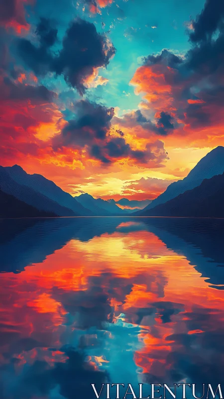 Hyperreal alpine lake sunset with mirrored fiery cloudscape