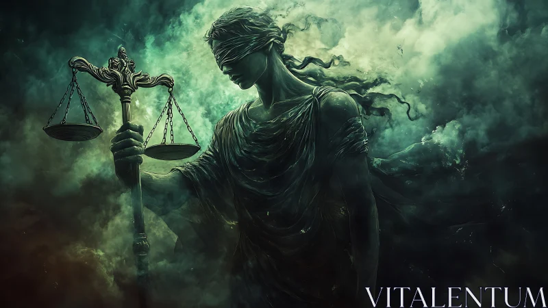 Stormborn Lady Justice guarding the scales of shadowed law.
