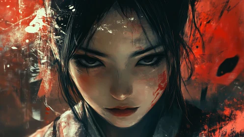 Fierce gaze amid crimson storms of paint and emotion.