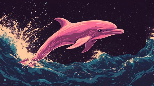 Pink dolphin leaping over stylized ocean waves at night.
