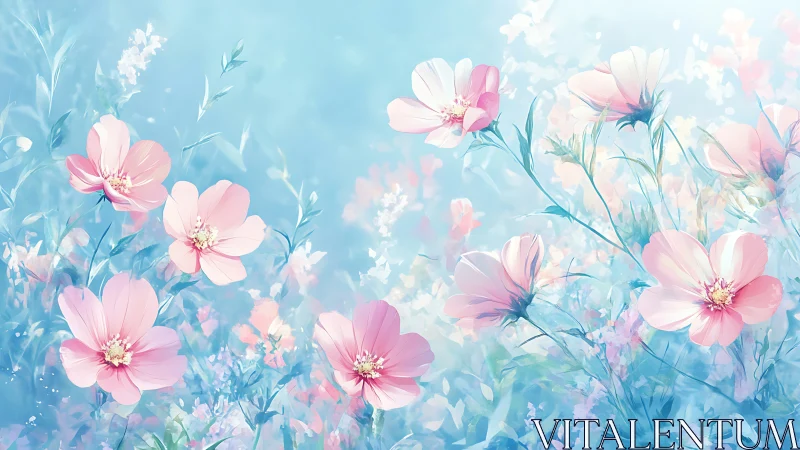 Pink cosmos flowers blooming against soft blue gradient background