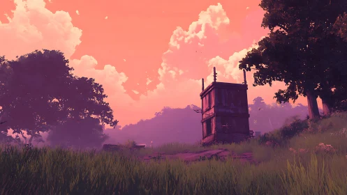 Sunset tower quietly resting in a dreamy pink meadow.