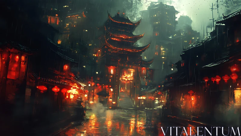 Cyberpunk rain-soaked pagoda street with neon lantern glow