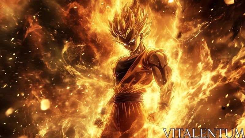 High-energy anime warrior engulfed in volumetric fiery aura field