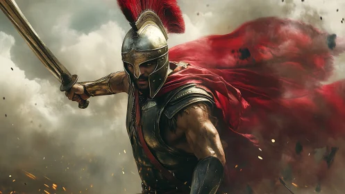 Spartan warrior charging with crimson cape amid battle smoke.
