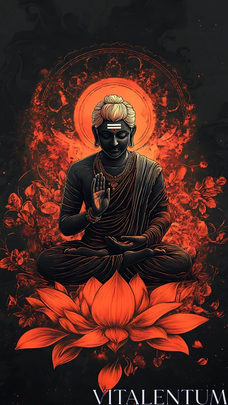 Radiant Buddha in orange lotus glow calms the dark night