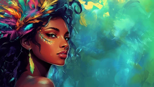 Mystic portrait shows woman with vibrant feathered headdress