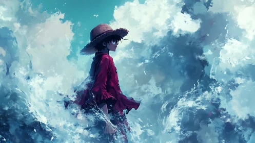 Straw-hatted sailor stands amidst crashing painted waves.