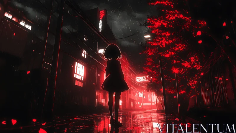 Silhouetted figure on red-lit rainy urban street at night.