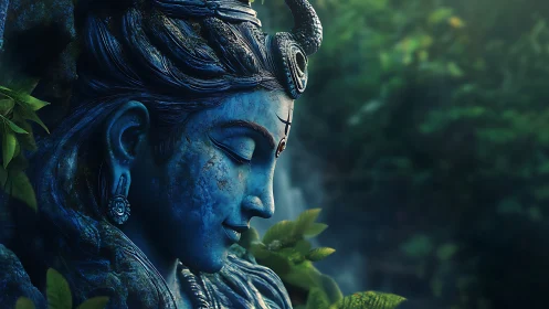 Blue stone Shiva profile sculpture in dense foliage setting.