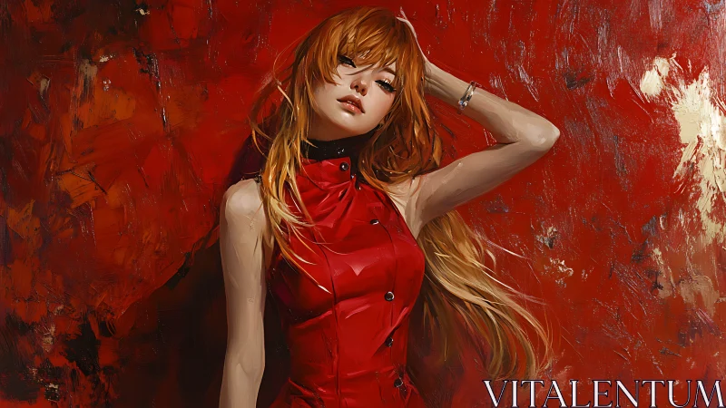 Red-clad female figure stands before textured red backdrop