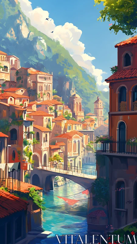 Sunlit canal terraces beneath a cloud-kissed mountain glow.