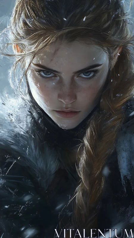 Female warrior portrait in snowy, close-up digital scene.
