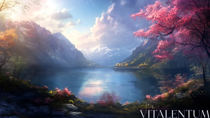 Chromatic alpine lake under volumetric dawn illumination.