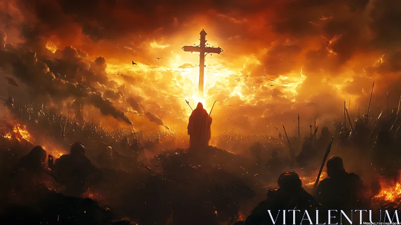 Silhouetted warrior below cross amid burning battlefield.