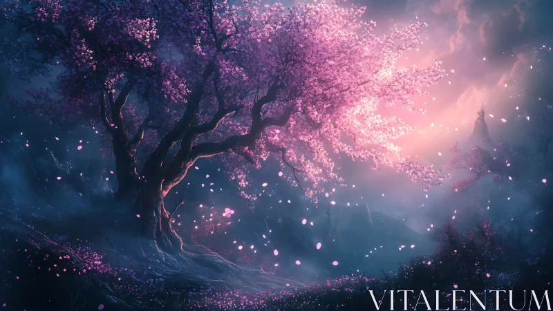 Enchanted pink blossom tree under soft ethereal twilight.