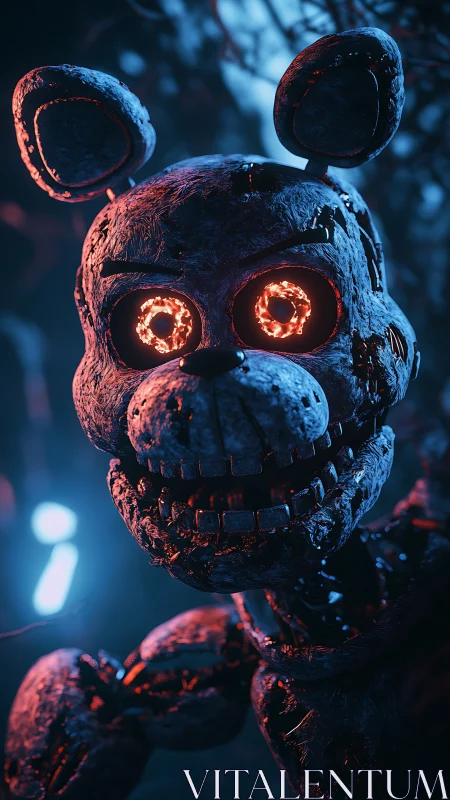 Corroded animatronic rabbit rendered in cinematic neon chiaroscuro