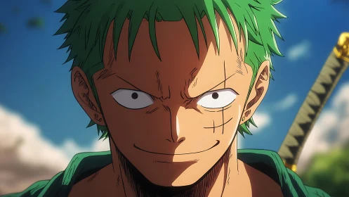Grinning swordsman carves sunlight in a sharp emerald grin