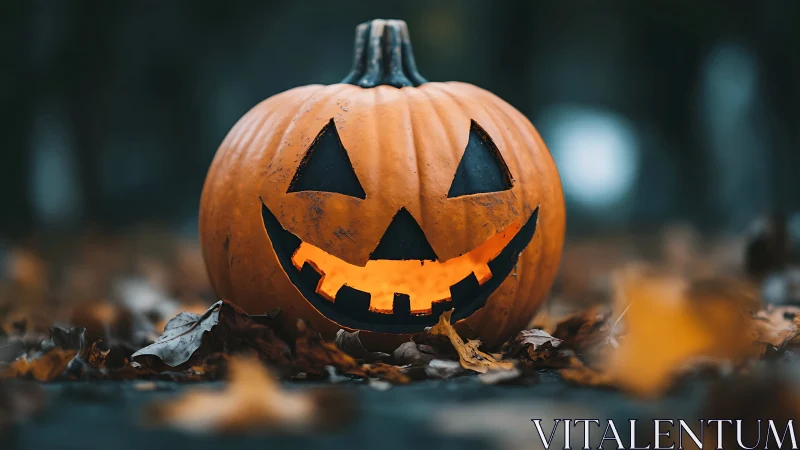 Glowing jack-o'-lantern smiles amid fallen autumn leaves.
