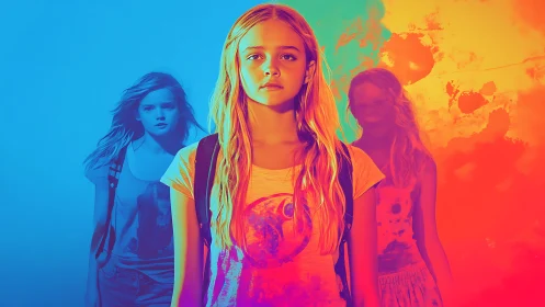 Chromatic schoolyard ghosts follow a neon sunlit girl