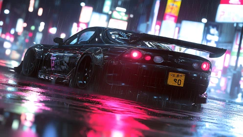 Tuned sports car in rainy neon city street at night.