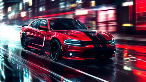 Red muscle sedan on wet neon city street at speed.