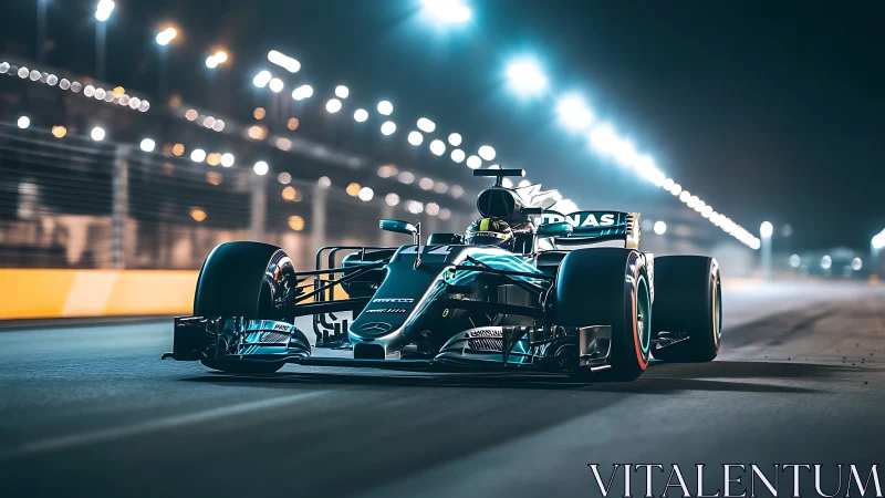 Hybrid Formula race car under floodlit night street circuit