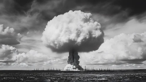 Massive nuclear mushroom cloud rises over shattered test plain