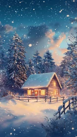 Winter cabin glows like a small hearth in a sky of falling stars