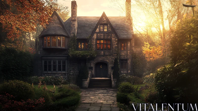 Stone manor house in warm autumn garden light at dusk.