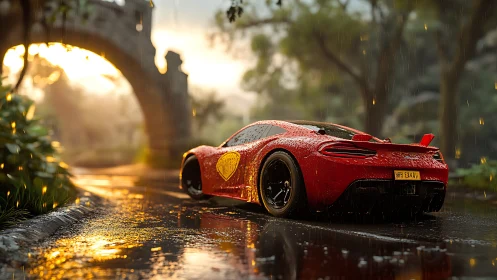 Red supercar under golden rain on reflective forest road.