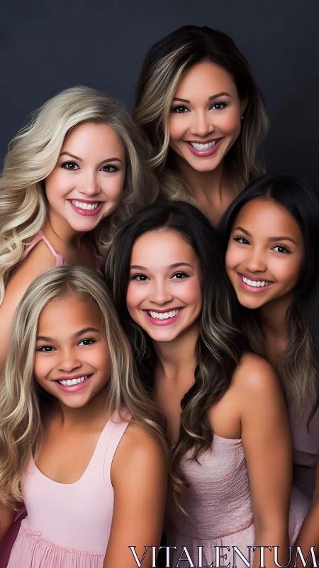 Five luminous smiles weave a soft pastel family constellation