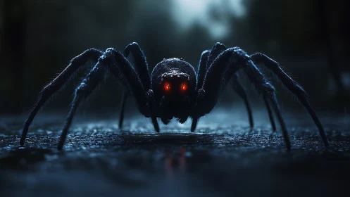 Giant spider with glowing red eyes stalks a rainy street.