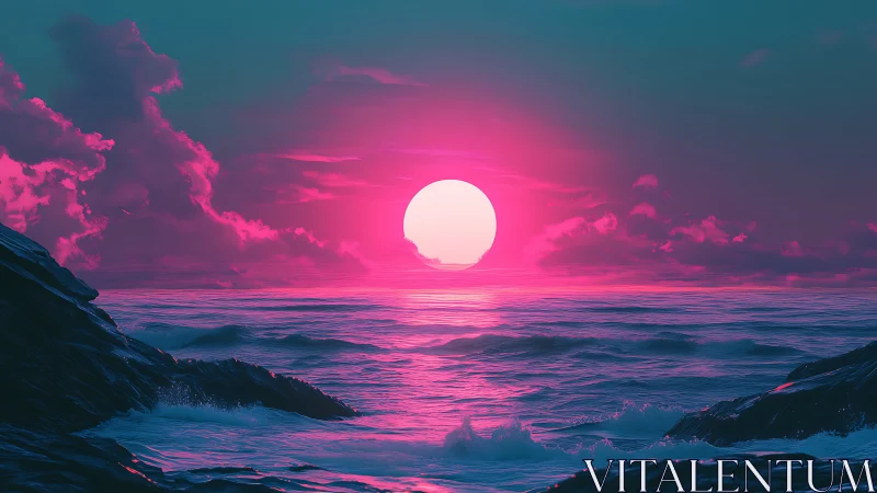 Neon sun over surreal ocean horizon at twilight.