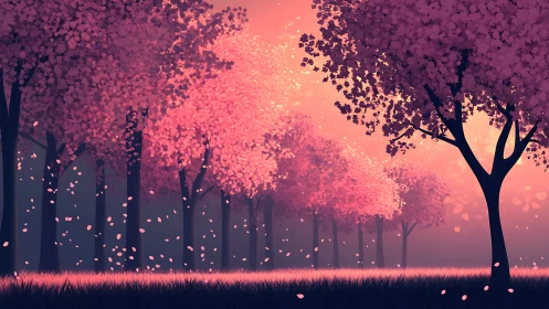 Soft sunset drifts through dreamy rows of pink blossom trees