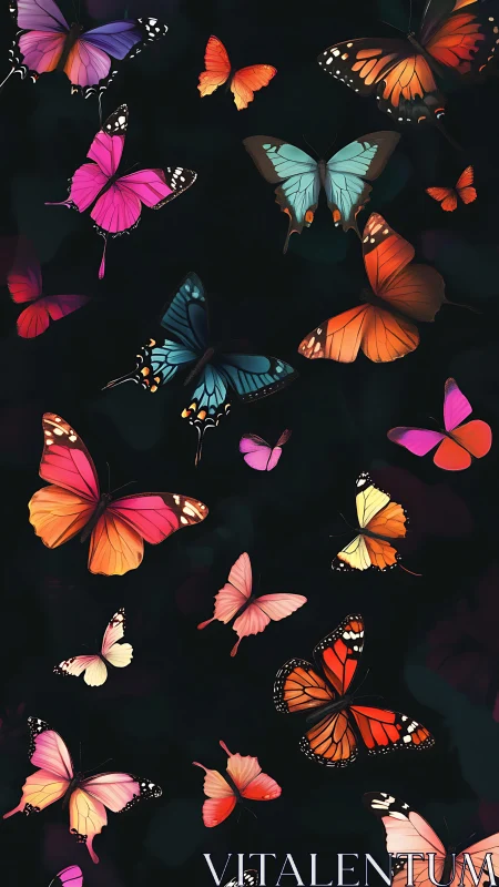 Vivid butterflies drift across a dark night sky backdrop