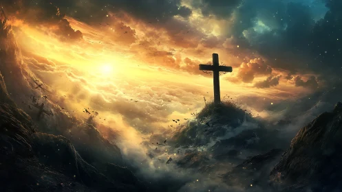 Cross on clouded ridge under bright distant sunlight.