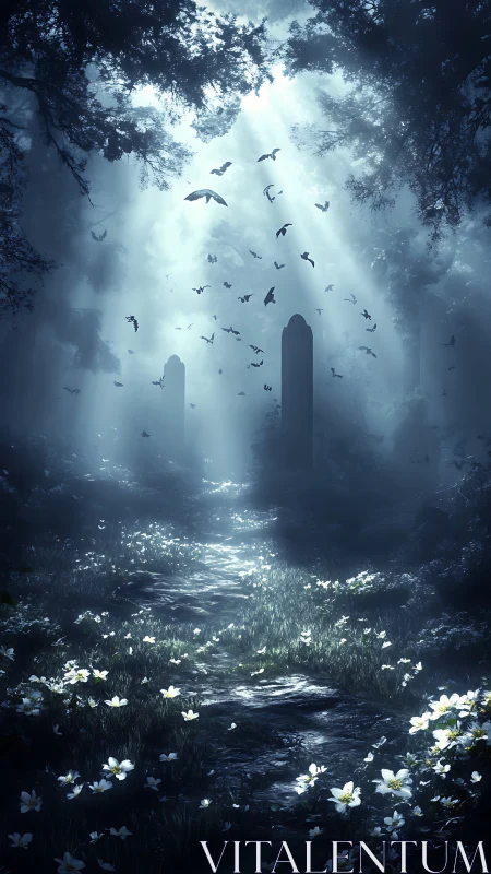 Moonlit forest path cuts through mist toward silent monoliths