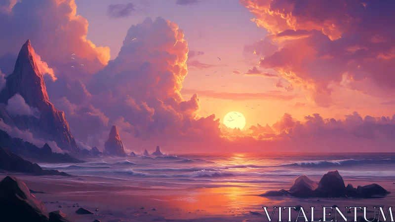 Coastal shoreline with rocky cliffs under vivid sunset sky.