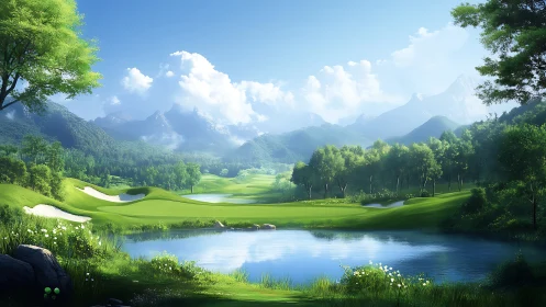 Sunlit golf fairways cradle a tranquil mirror-blue lake.