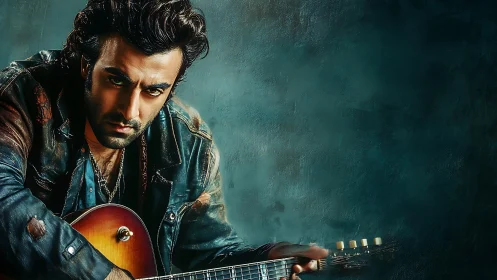 Brooding long haired guitarist in worn leather jacket.