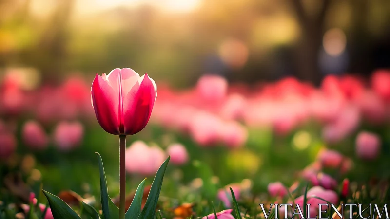 Single pink tulip in soft focus flower field at sunset.